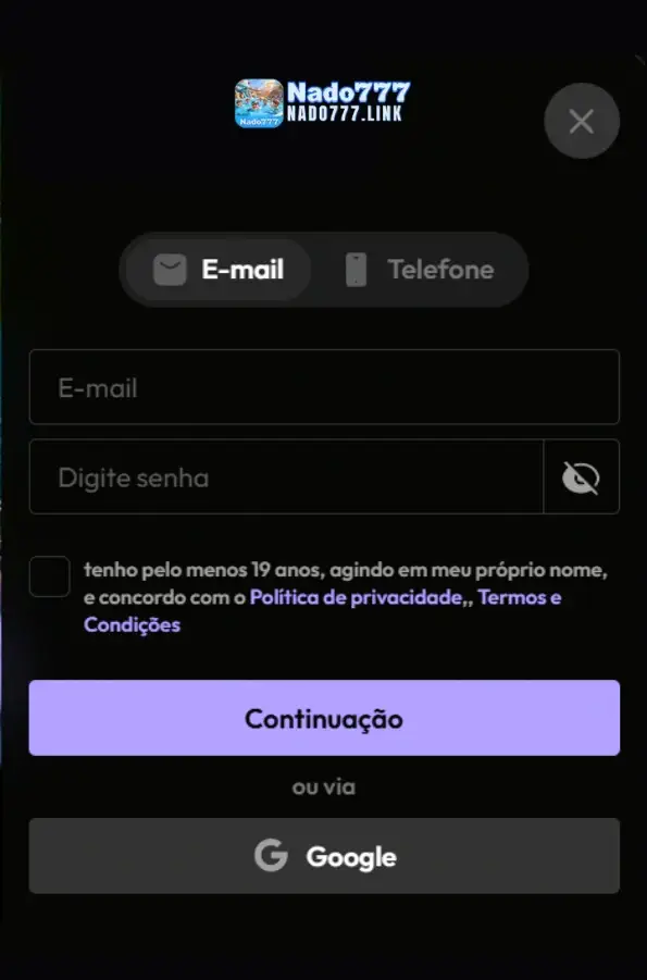 Tela de registro no Nado777 cassino